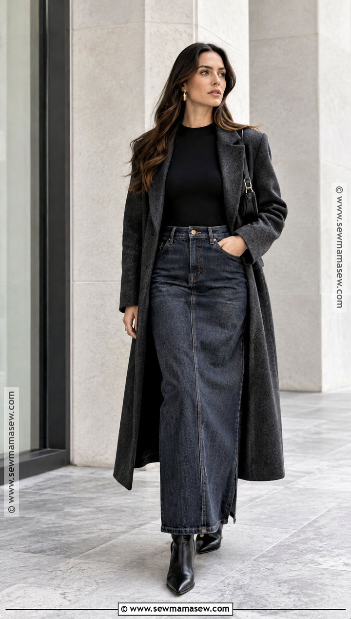 Long Denim Skirt With Black Bodysuit And Long Coat - 20 long denim skirt outfit fall ideas