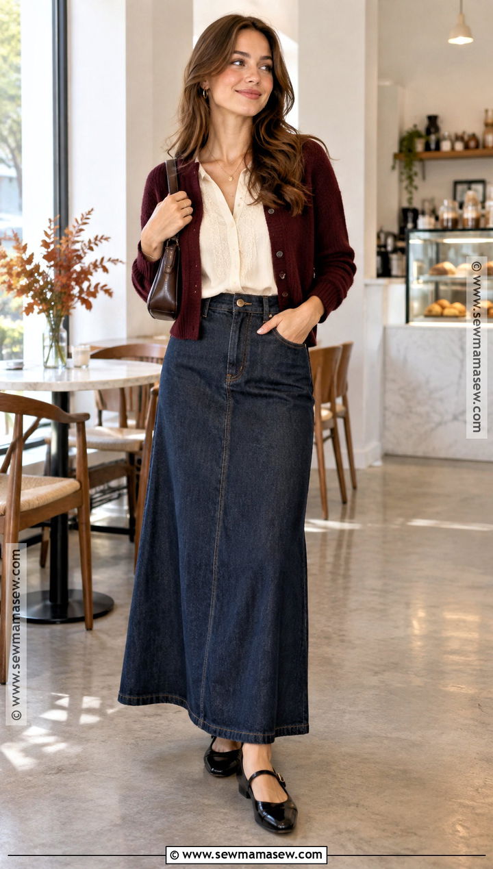 Long Denim Skirt With Blouse And Cropped Cardigan - 15 long denim skirt autumn outfit ideas