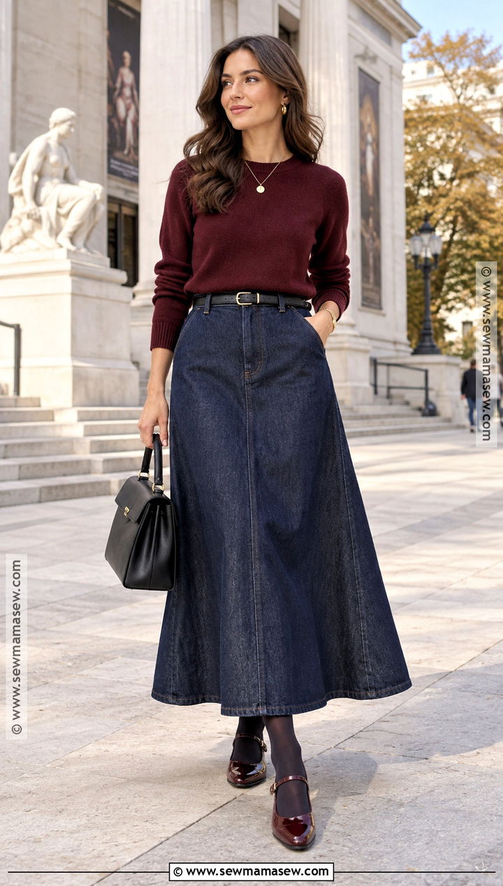 Long Denim Skirt With Burgundy Sweater And Mary Janes - 20 long denim skirt outfit fall ideas