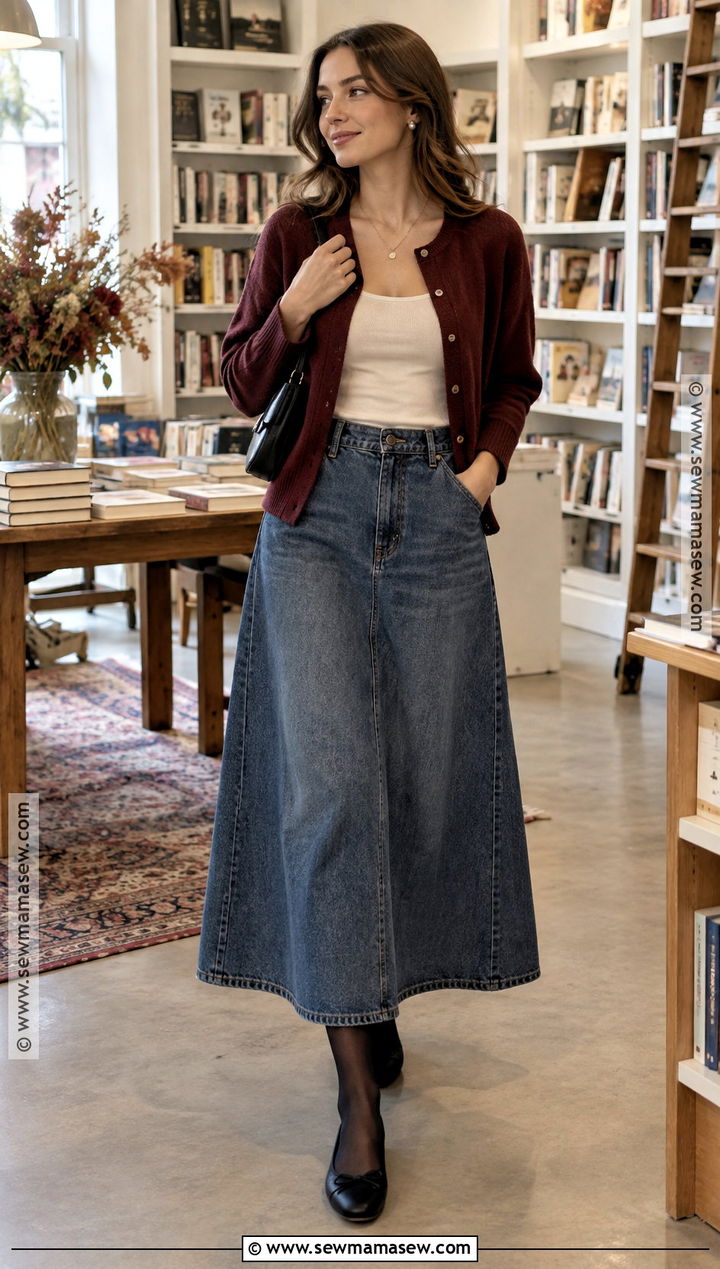 Long Denim Skirt With Cardigan And Ballet Flats - 20 long denim skirt outfit fall ideas