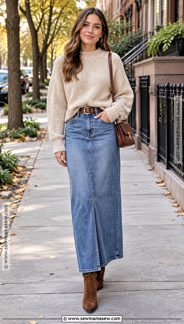 Long Denim Skirt With Chunky Sweater And Ankle Boots - 15 long denim skirt autumn outfit ideas