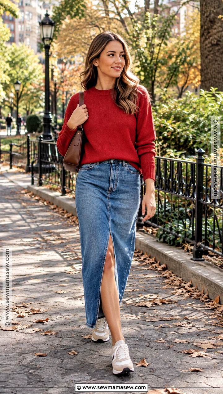Long Denim Skirt With Crewneck Sweater And Sneakers - 15 fall fashion with sneakers