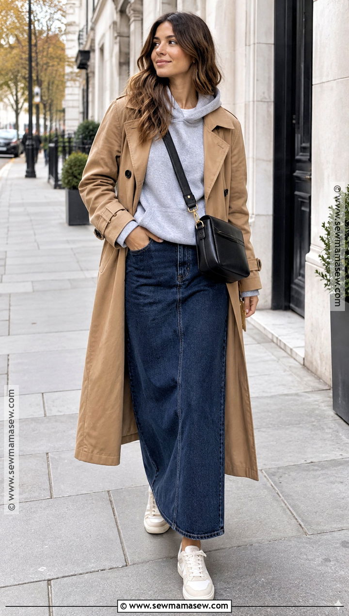 Long Denim Skirt With Hoodie And Trench Coat - 15 long denim skirt autumn outfit ideas