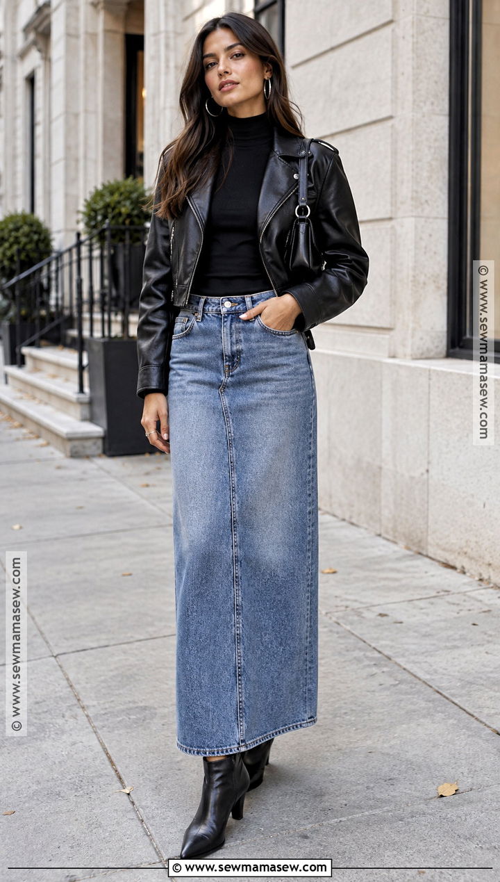 Long Denim Skirt With Leather Jacket And Black Boots - 15 long denim skirt autumn outfit ideas