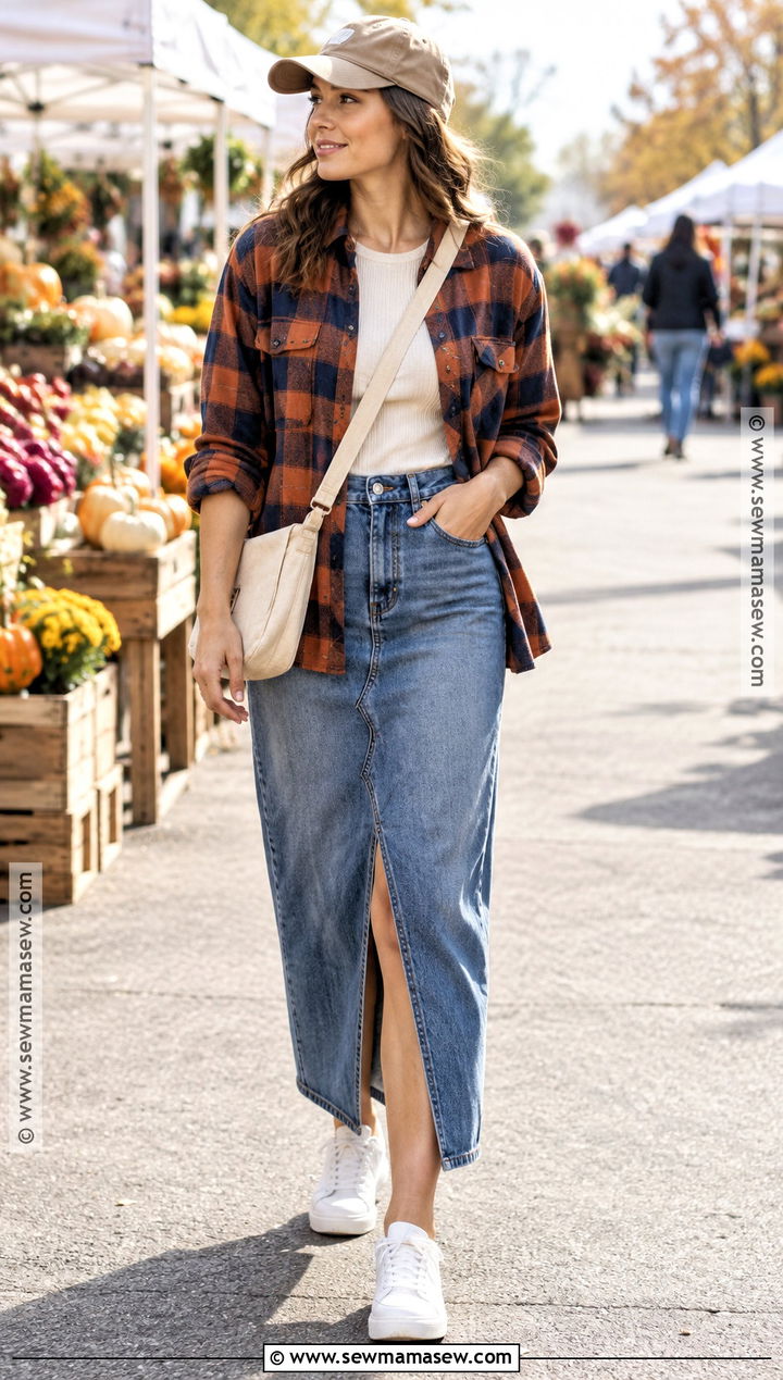 Long Denim Skirt With Plaid Shacket And Sneakers - 15 long denim skirt autumn outfit ideas