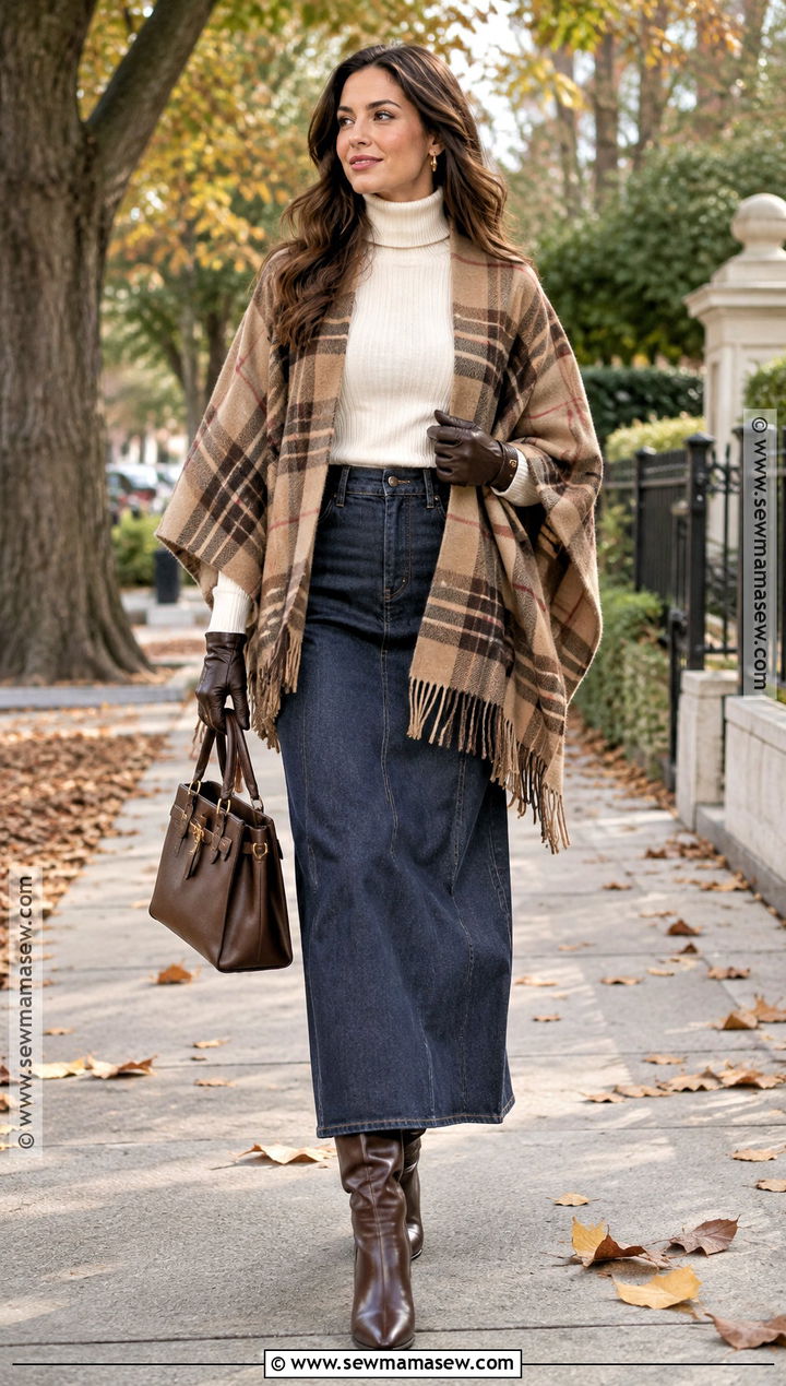 Long Denim Skirt With Poncho And Tall Boots - 20 long denim skirt outfit fall ideas