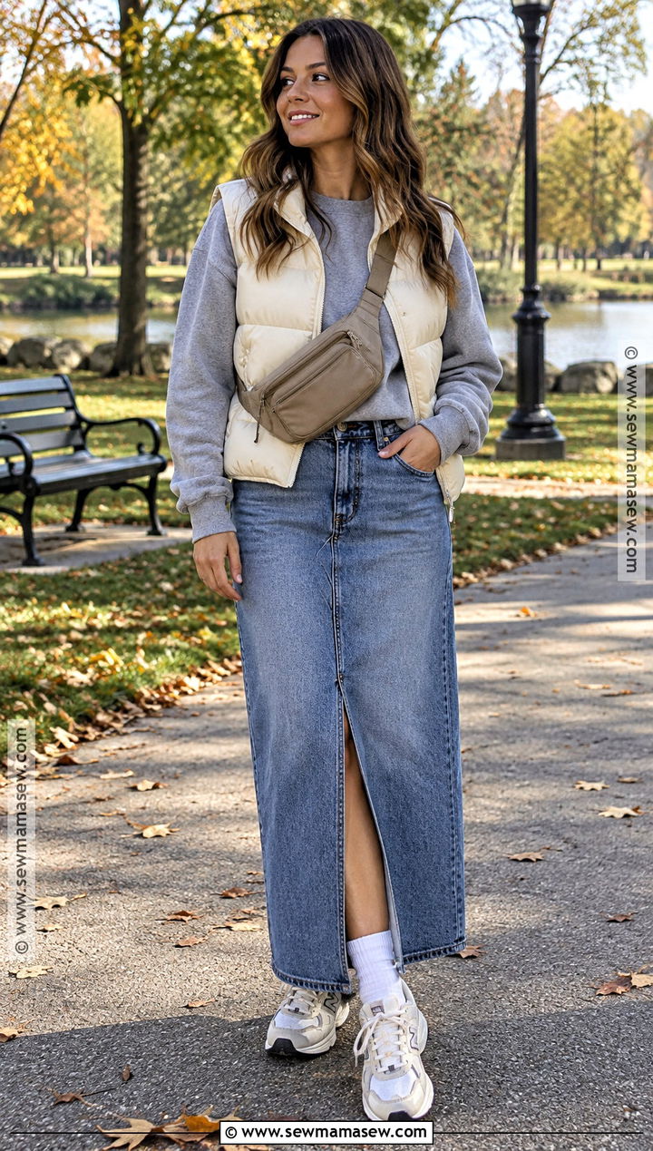 Long Denim Skirt With Puffer Vest And Sneakers - 20 long denim skirt outfit fall ideas