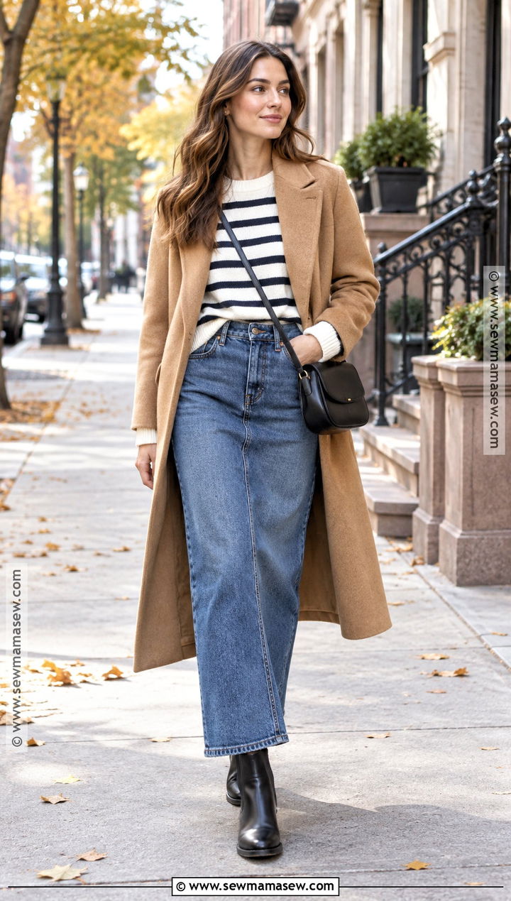 Long Denim Skirt With Striped Knit And Chelsea Boots - 15 long denim skirt autumn outfit ideas