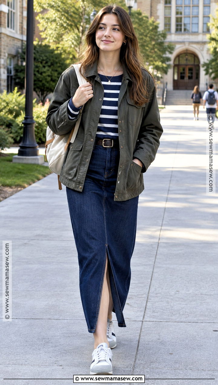 Long Denim Skirt With Striped Long Sleeve Top - 25 back to school outfits skirt