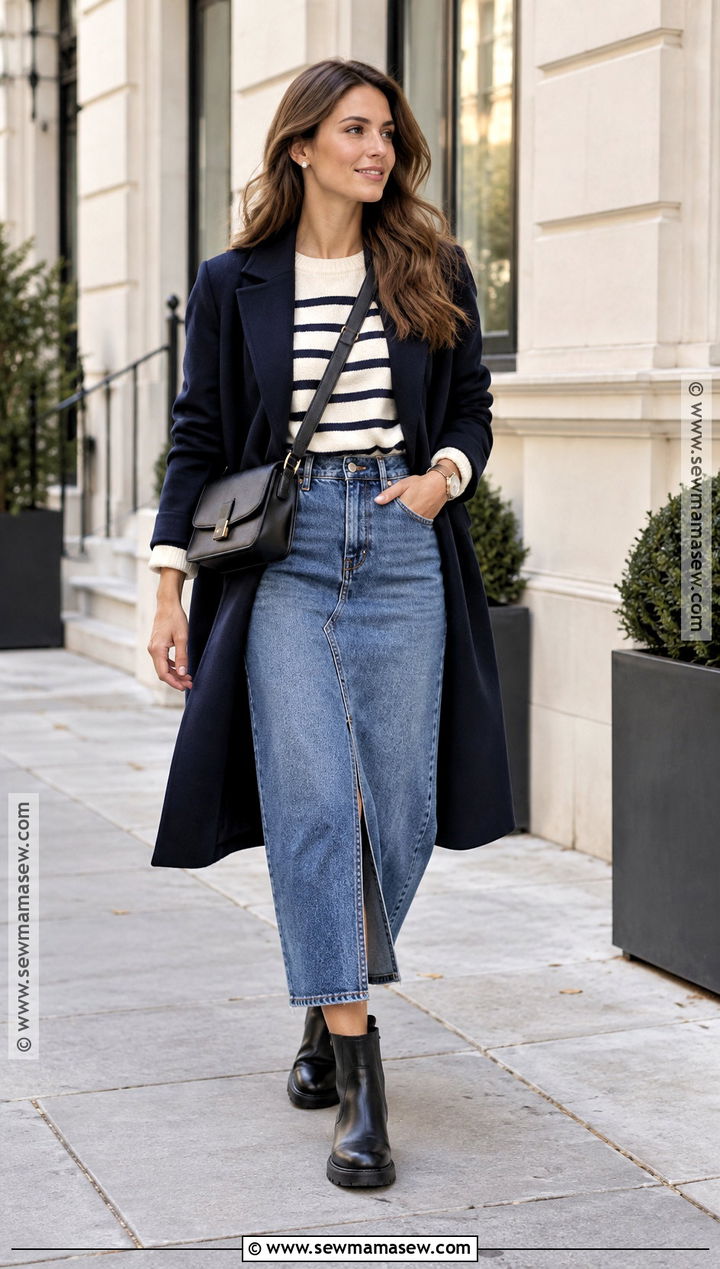 Long Denim Skirt With Striped Sweater And Chelsea Boots - 20 long denim skirt outfit fall ideas