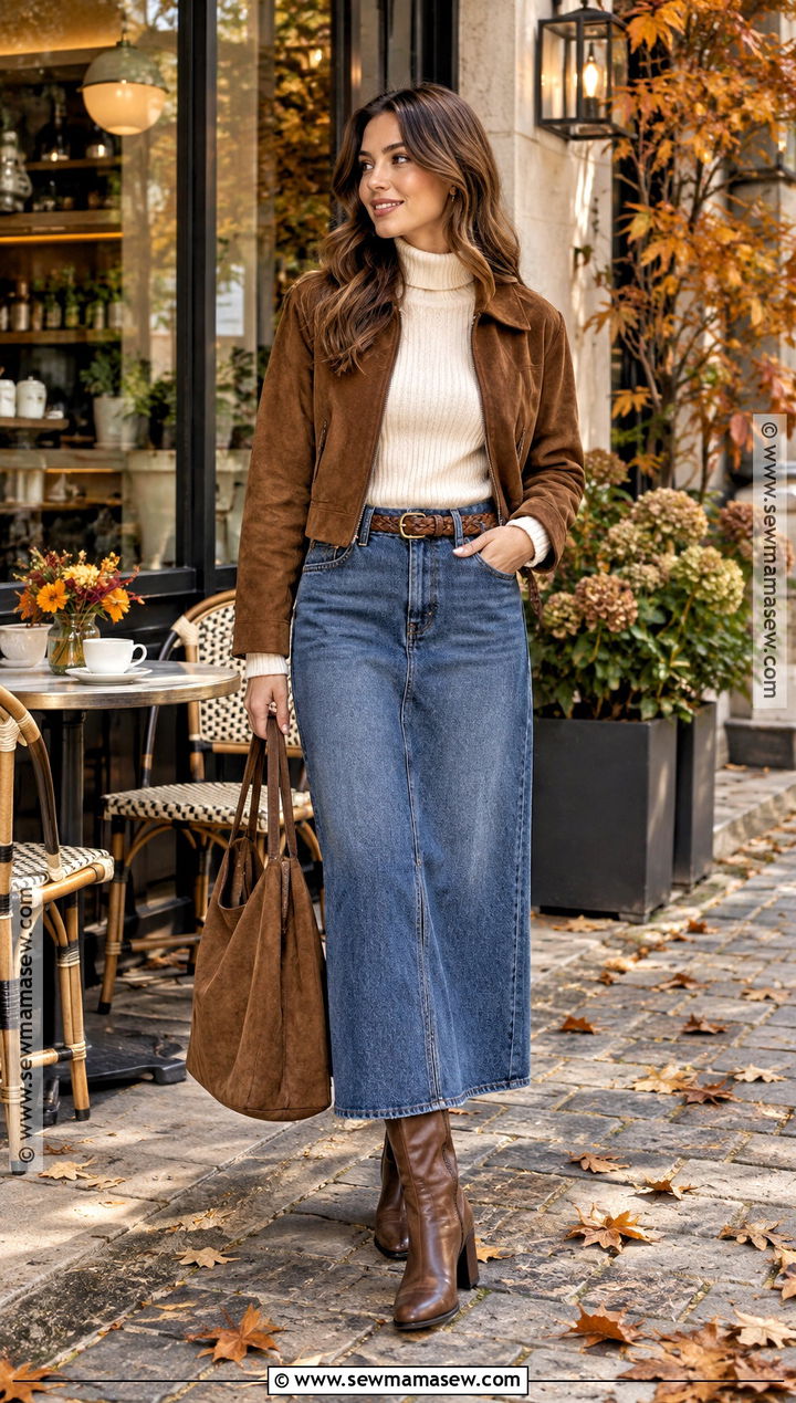 Long Denim Skirt With Suede Jacket And Brown Boots - 15 long denim skirt autumn outfit ideas