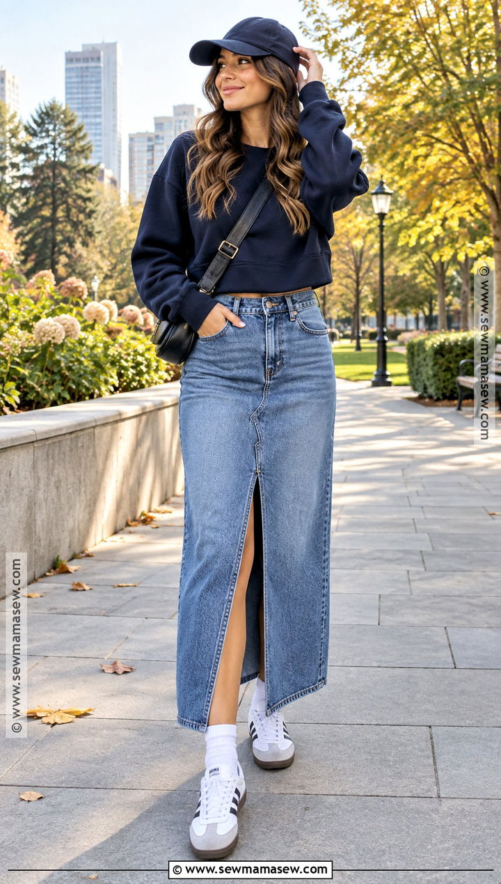 Long Denim Skirt With Sweatshirt And Retro Sneakers - 20 long denim skirt outfit fall ideas