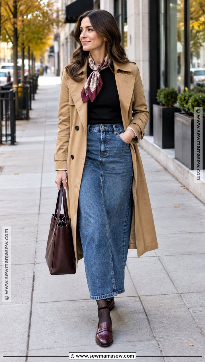 Long Denim Skirt With Trench Coat And Loafers - 20 long denim skirt outfit fall ideas