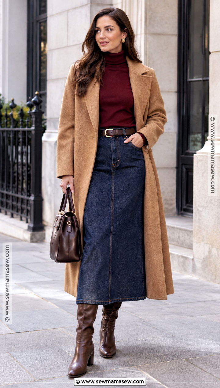 Long Denim Skirt With Turtleneck And Knee High Boots - 20 long denim skirt outfit fall ideas