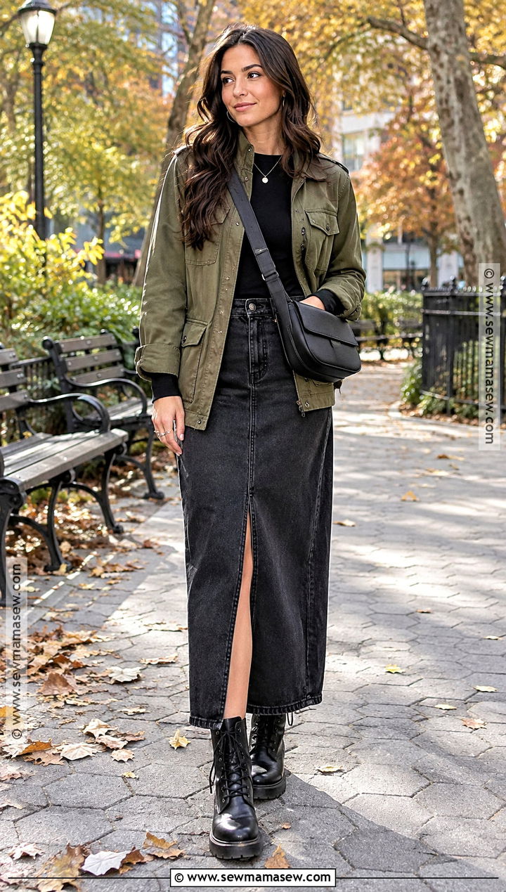 Long Denim Skirt With Utility Jacket And Combat Boots - 15 long denim skirt autumn outfit ideas