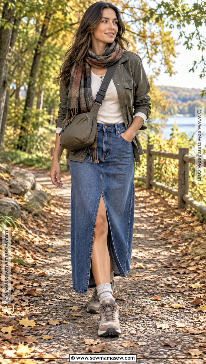 Long Denim Skirt With Utility Jacket And Hiking Sneakers - 20 long denim skirt outfit fall ideas