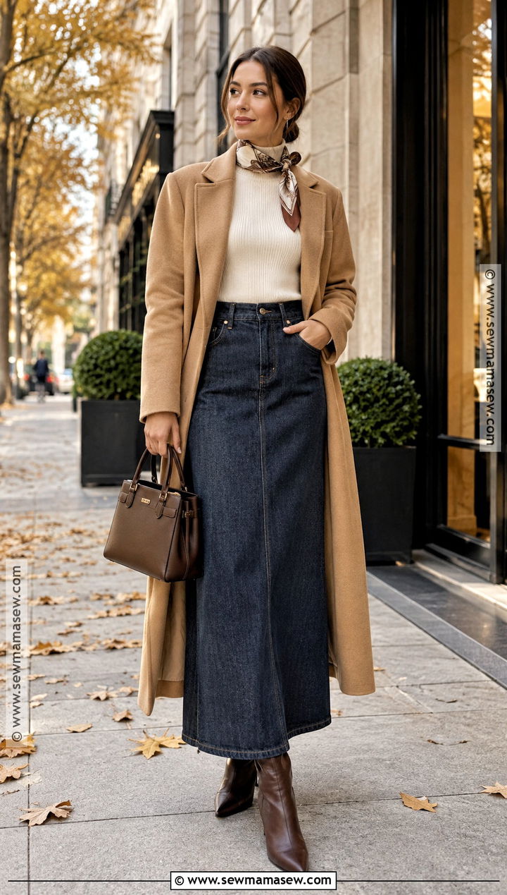 Long Denim Skirt With Wool Coat And Heeled Boots - 15 long denim skirt autumn outfit ideas