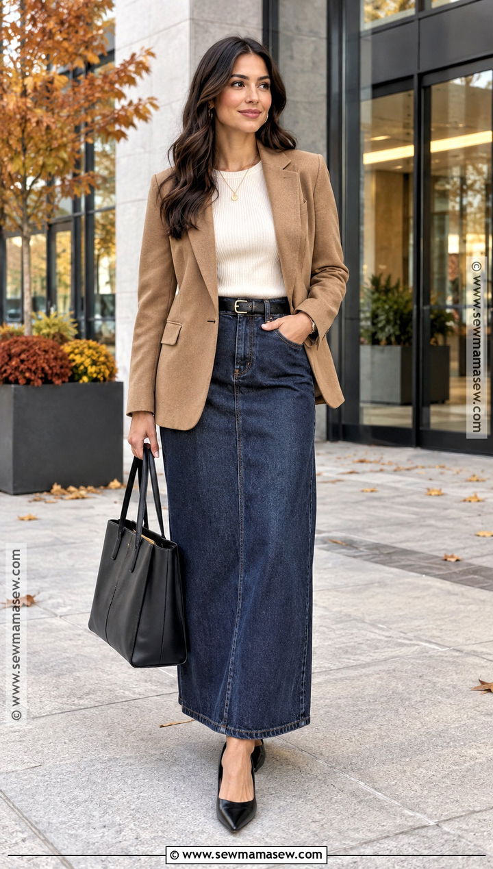 Long Denim Skirt With a Blazer - 20 long denim skirt fall outfit ideas