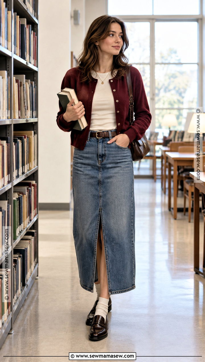 Long Denim Skirt With a Cardigan - 20 long denim skirt fall outfit ideas