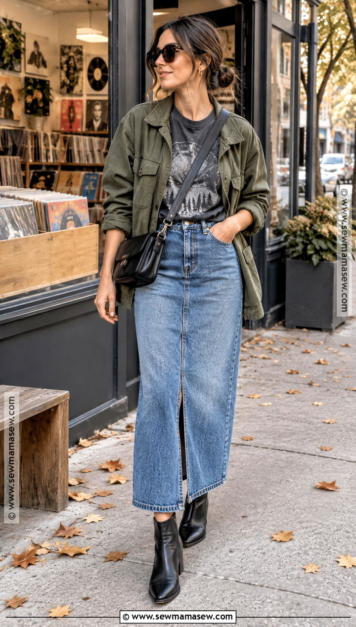 Long Denim Skirt With a Graphic T Shirt and Jacket - 20 long denim skirt fall outfit ideas