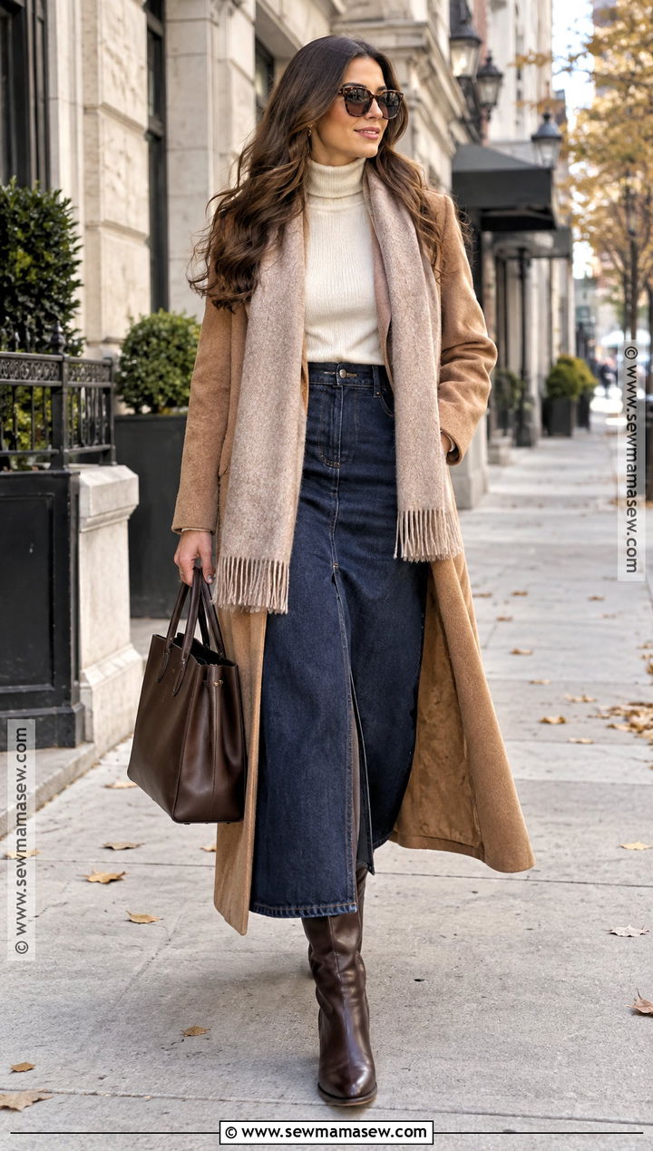 Long Denim Skirt With a Long Wool Coat - 20 long denim skirt fall outfit ideas