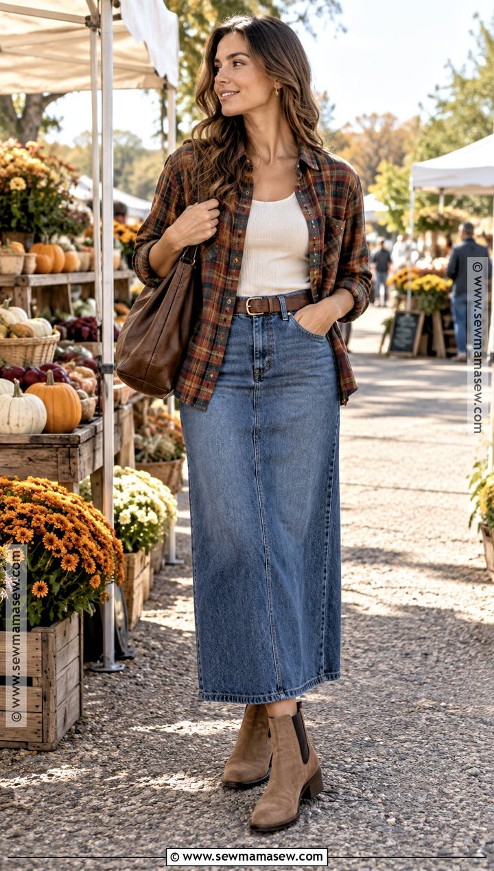 Long Denim Skirt With a Plaid Shirt - 20 long denim skirt fall outfit ideas