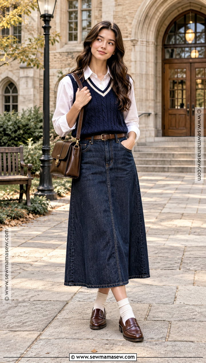 Long Denim Skirt With a Sweater Vest - 20 long denim skirt fall outfit ideas