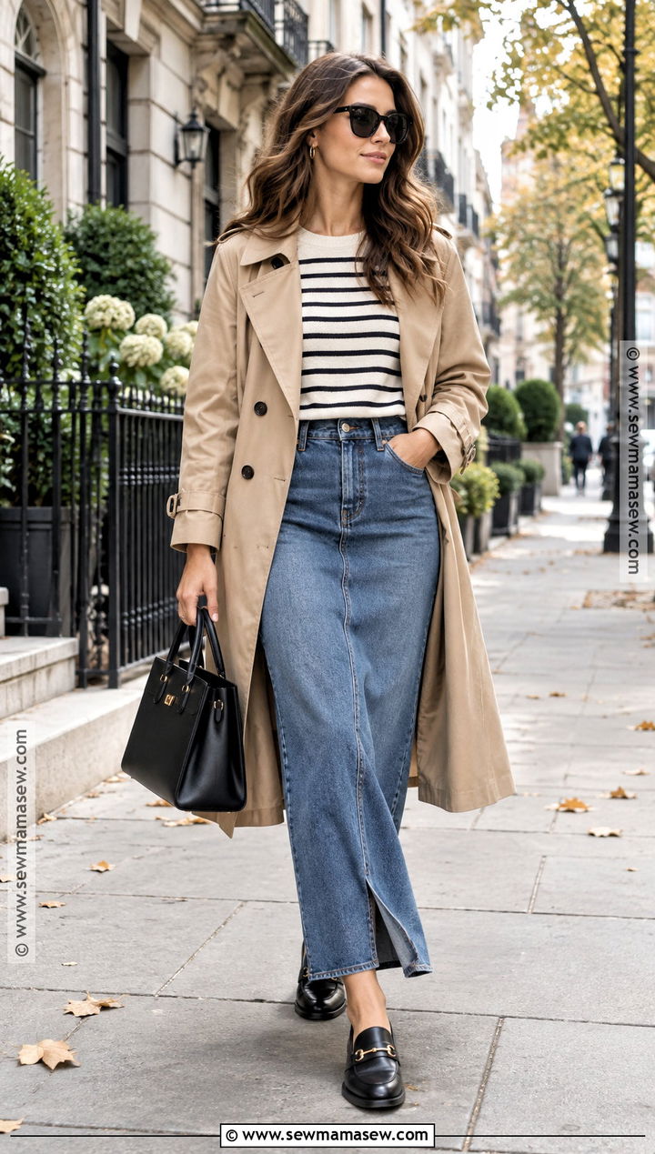 Long Denim Skirt With a Trench Coat - 20 long denim skirt fall outfit ideas
