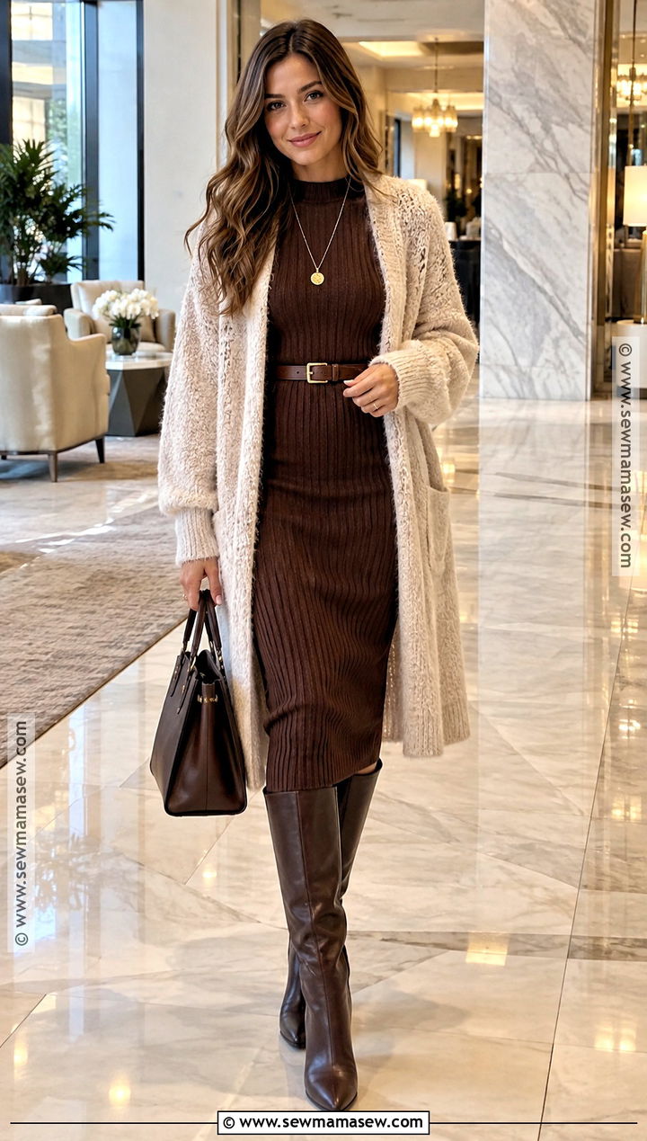 Long Fluffy Cardigan With Knit Dress - 15 fluffy knitwear fall ideas