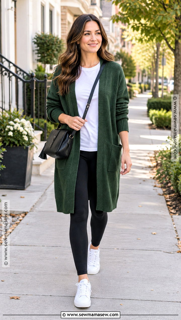 Long Green Cardigan With Black Leggings And Sneakers - 15 Fall Green Knitwear Ideas