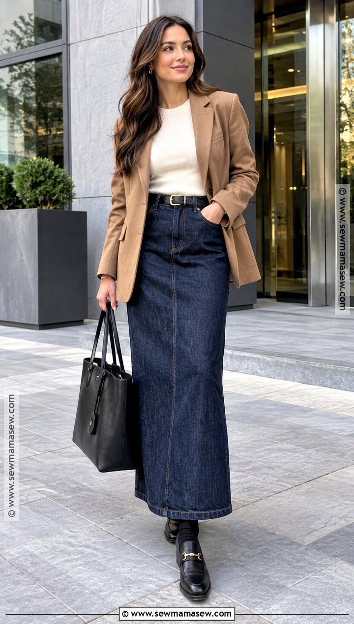 Long Jean Skirt With Blazer And Loafers - 20 Long Jean Skirt Fall Outfits