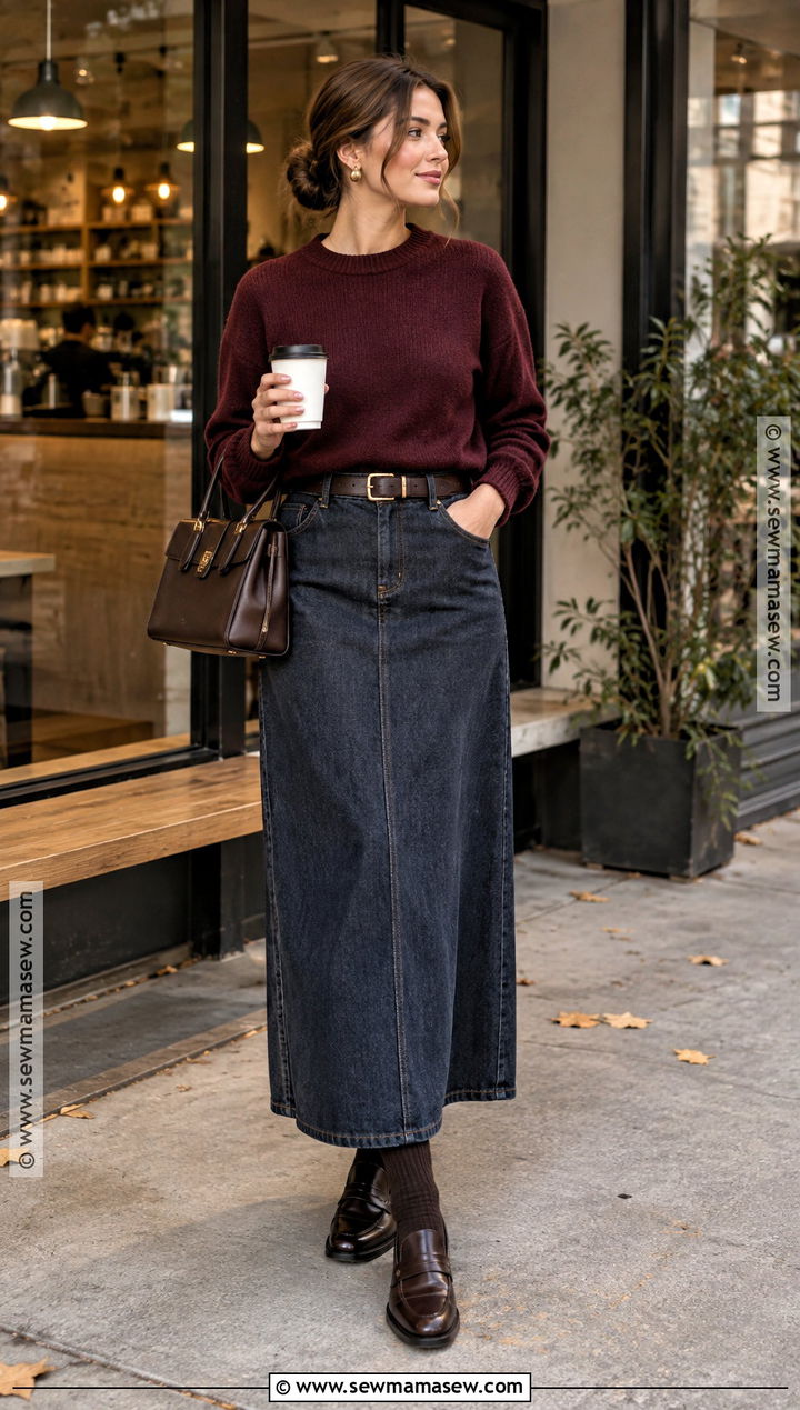 Long Jean Skirt With Burgundy Sweater And Loafers - 25 long jean skirt outfits fall