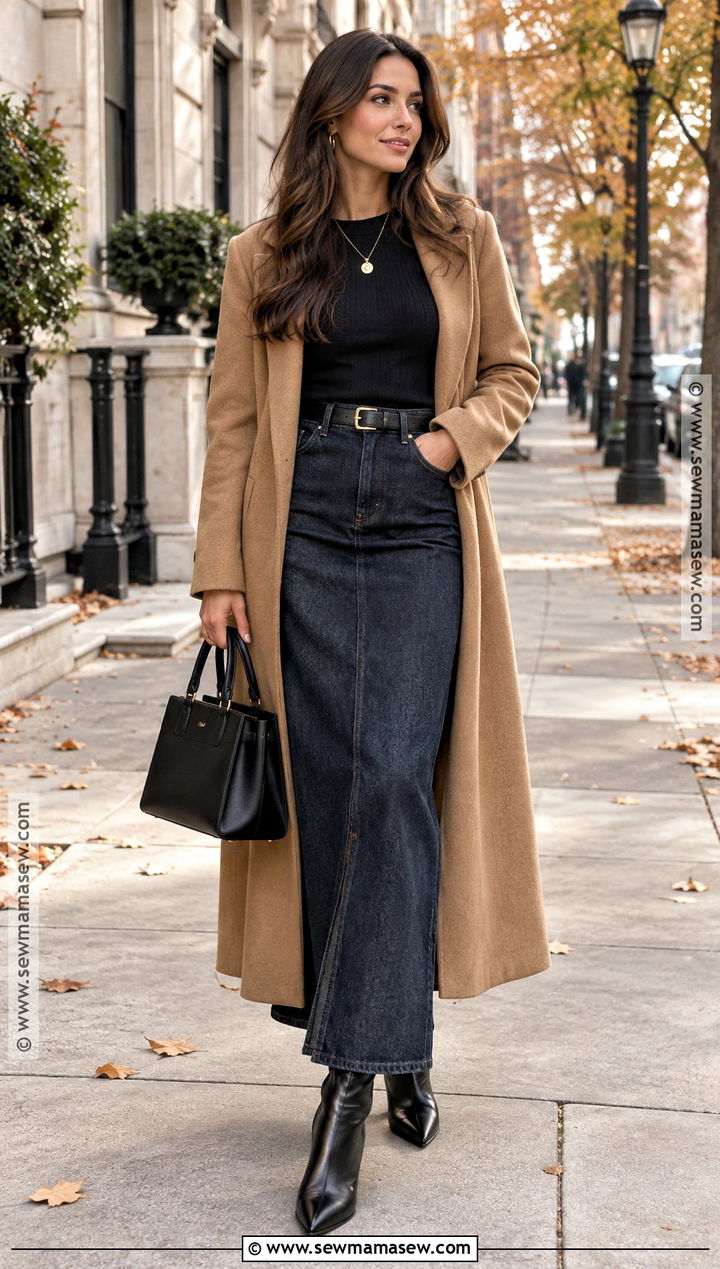 Long Jean Skirt With Camel Coat And Pointed Boots - 25 long jean skirt outfits fall