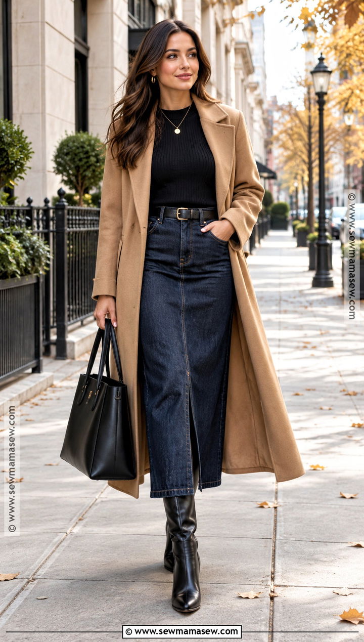 Long Jean Skirt With Camel Coat And Tall Boots - 20 long jean skirt outfits fall 2026