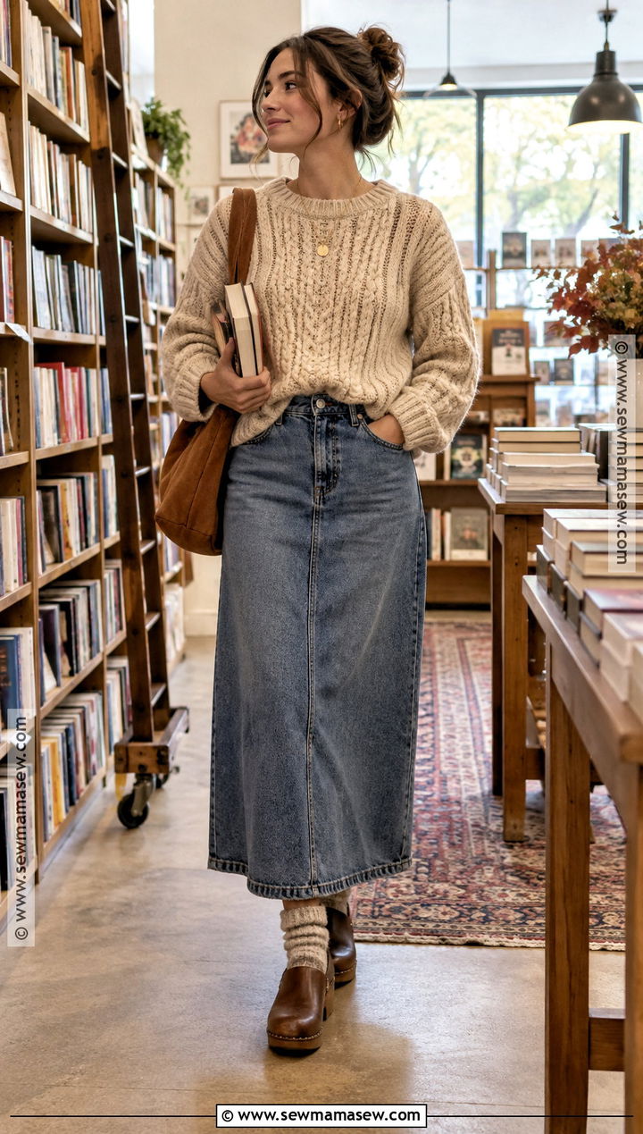 Long Jean Skirt With Chunky Sweater And Clogs - 25 long jean skirt outfits fall