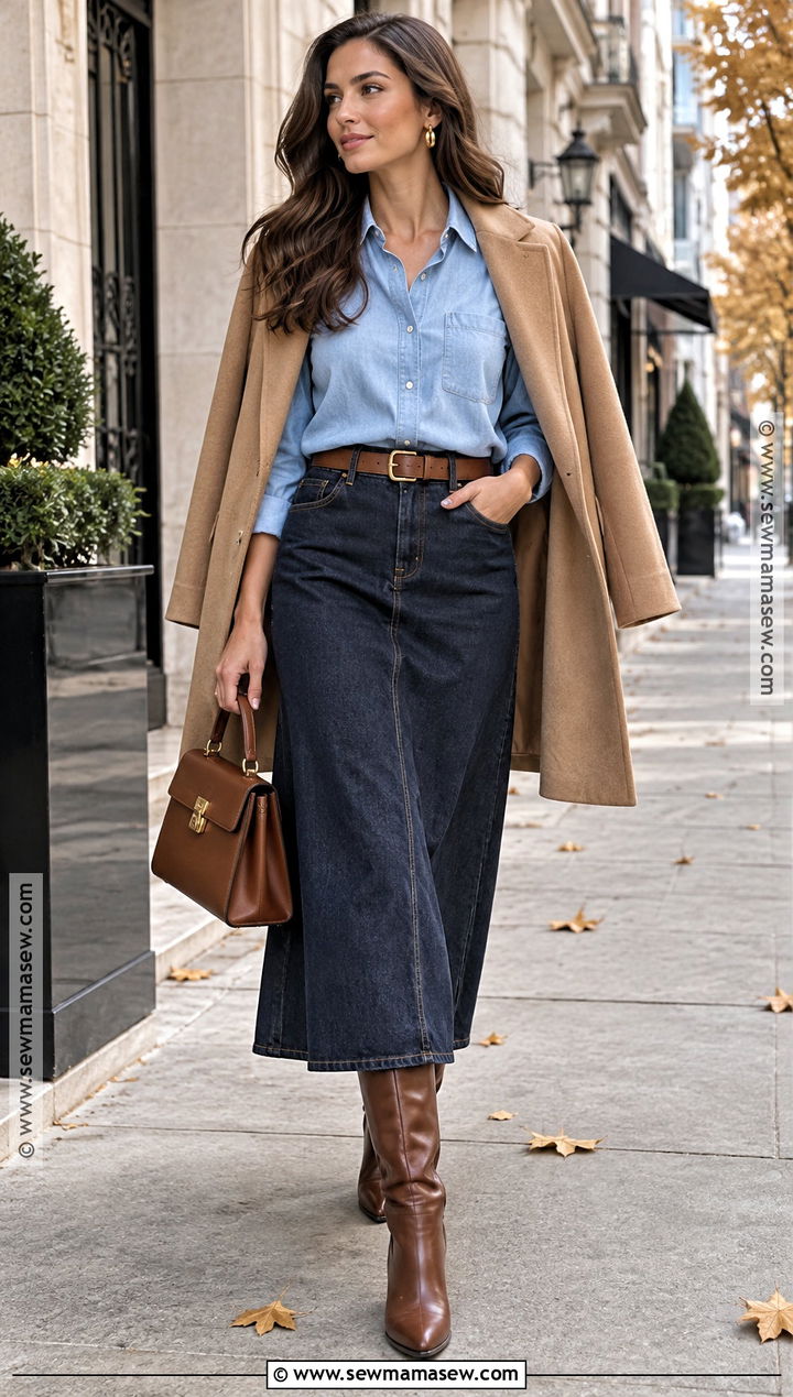 Long Jean Skirt With Denim Shirt And Brown Boots - 25 long jean skirt outfits fall