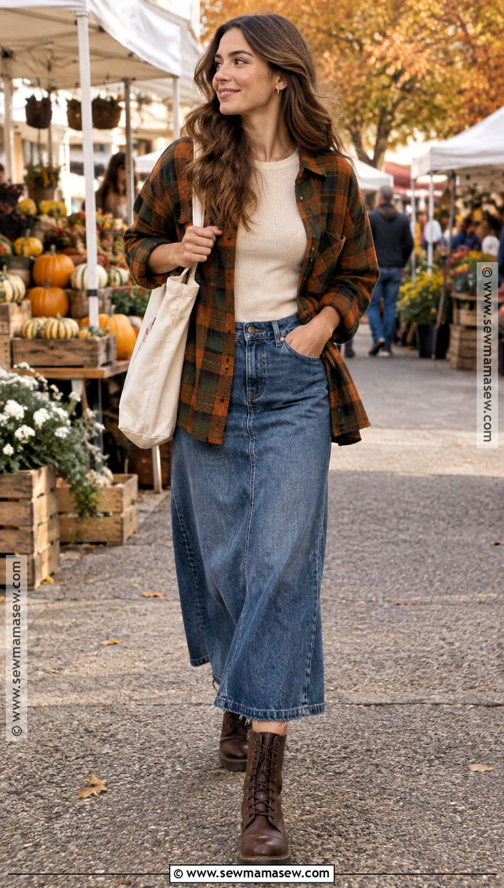 Long Jean Skirt With Flannel Overshirt And Lace Up Boots - 25 long jean skirt outfits fall