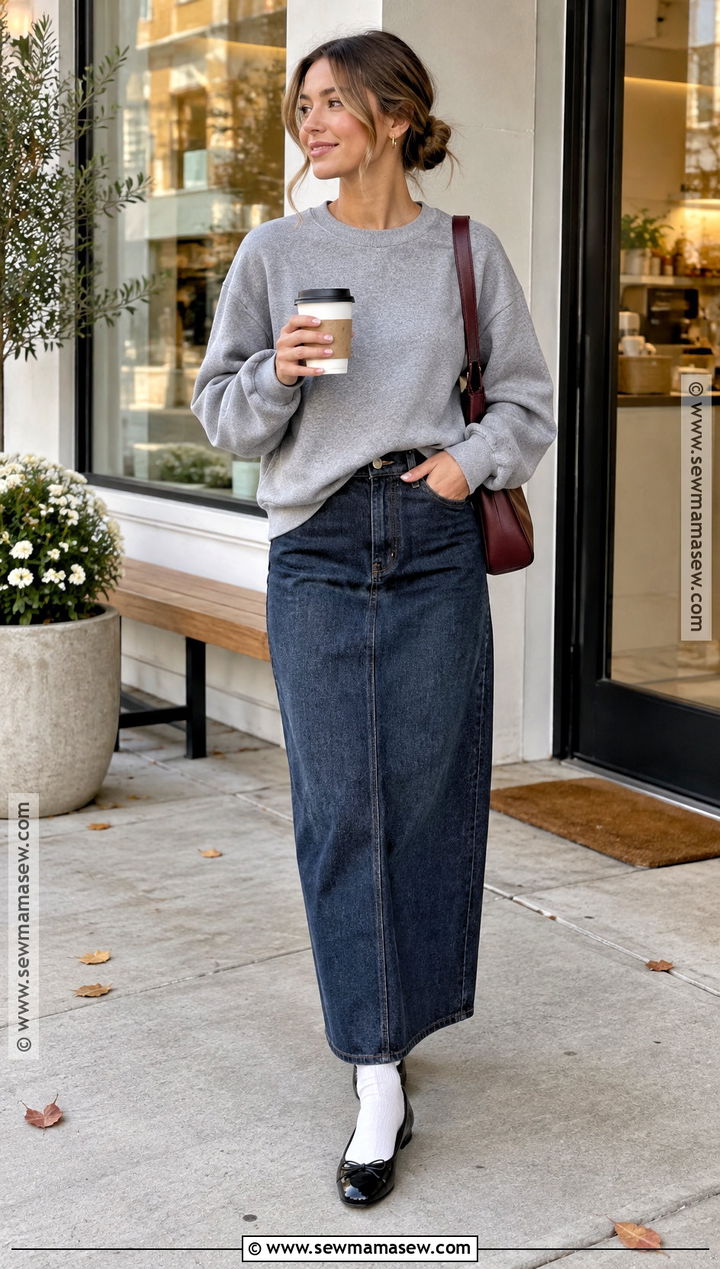 Long Jean Skirt With Gray Sweatshirt And Ballet Flats - 20 long jean skirt outfits fall 2026