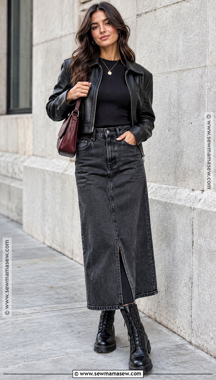 Long Jean Skirt With Leather Jacket And Combat Boots - 20 Long Jean Skirt Fall Outfits