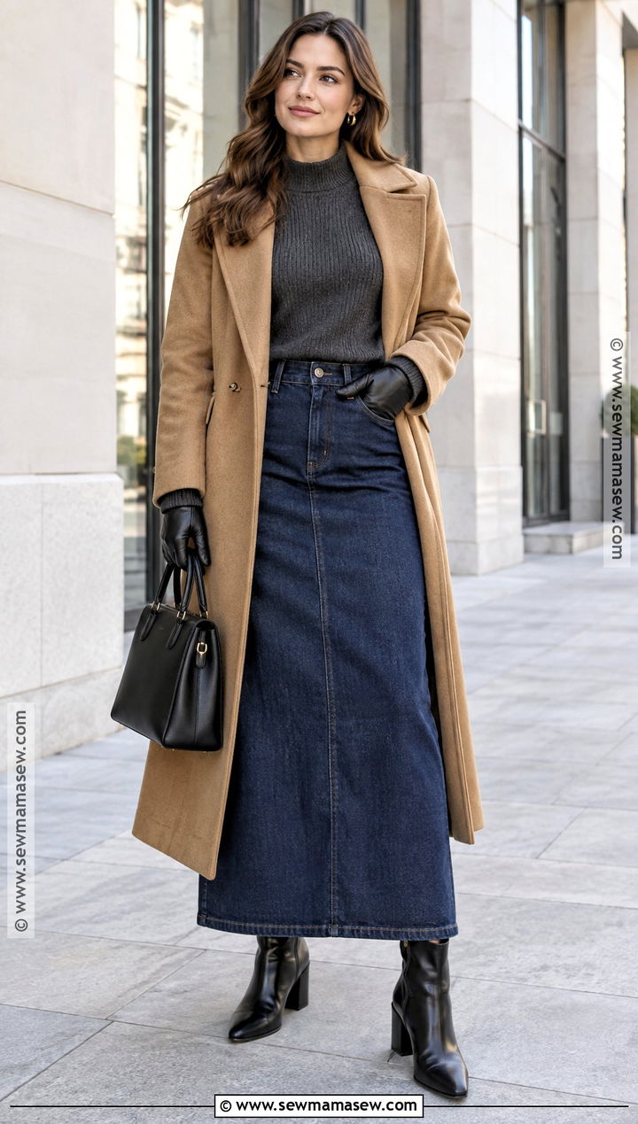 Long Jean Skirt With Long Coat And Heeled Boots - 20 Long Jean Skirt Fall Outfits