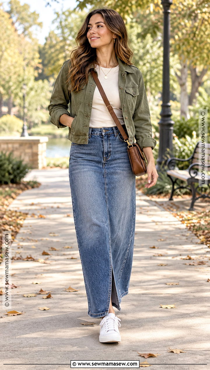 Long Jean Skirt With Olive Utility Jacket And Sneakers - 20 long jean skirt outfits fall 2026