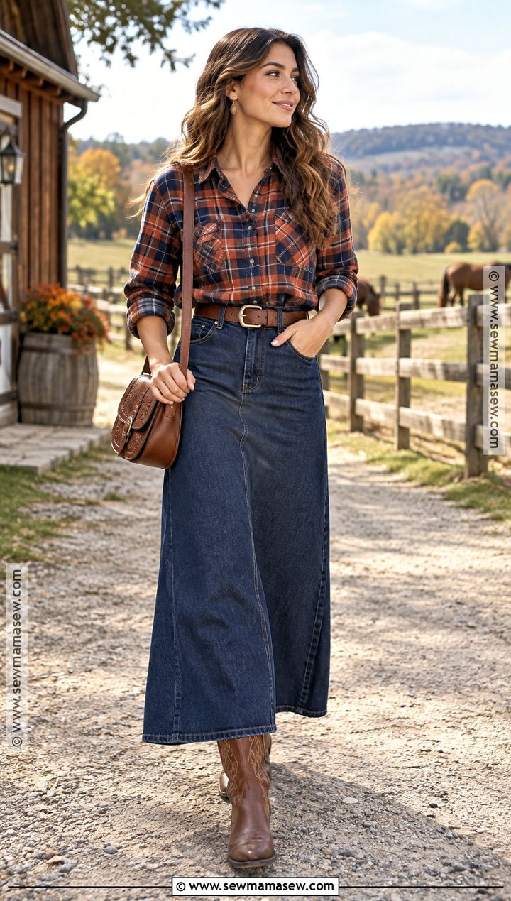 Long Jean Skirt With Plaid Shirt And Cowboy Boots - 25 fall jean skirt outfits