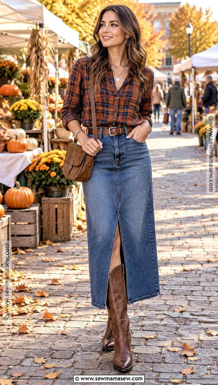Long Jean Skirt With Plaid Shirt And Western Boots - 20 Long Jean Skirt Fall Outfits