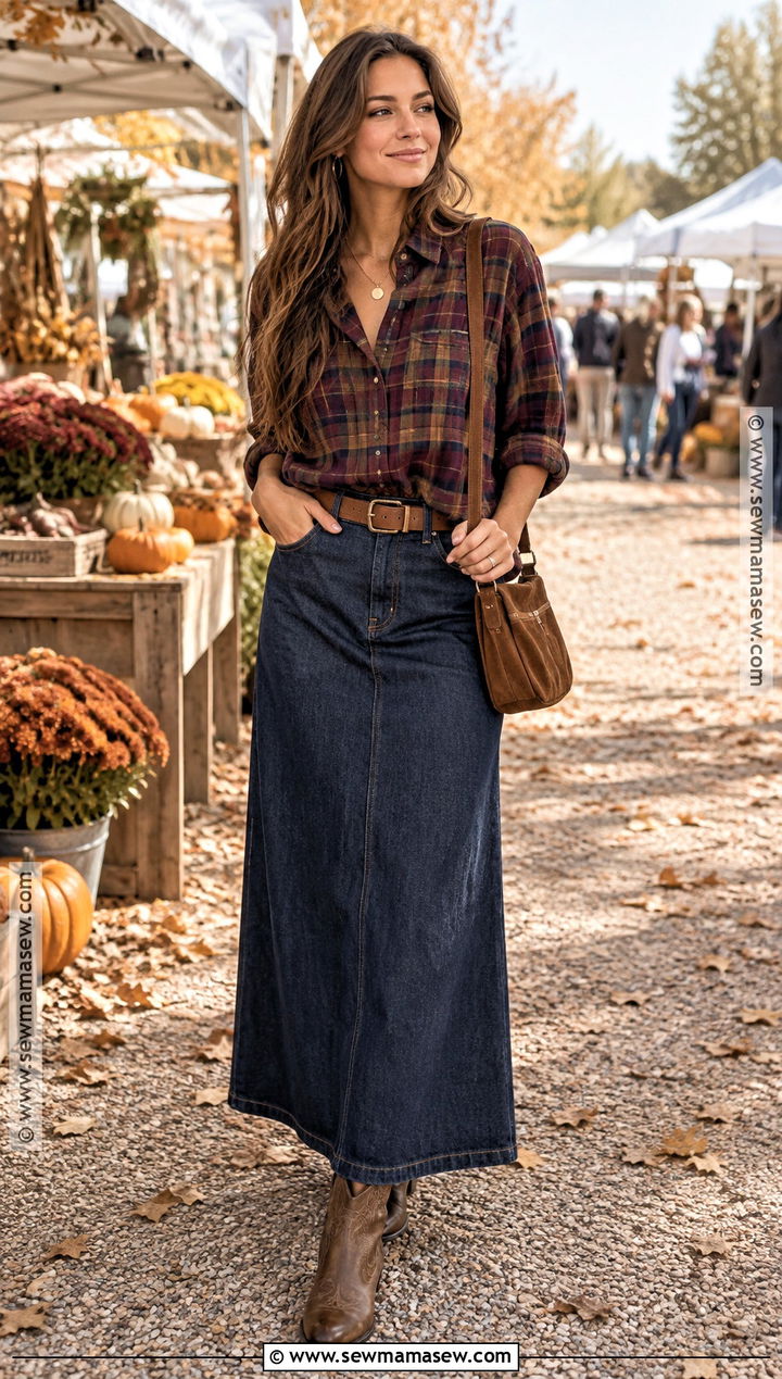 Long Jean Skirt With Plaid Shirt And Western Boots - 15 jean skirt outfits fall 2026