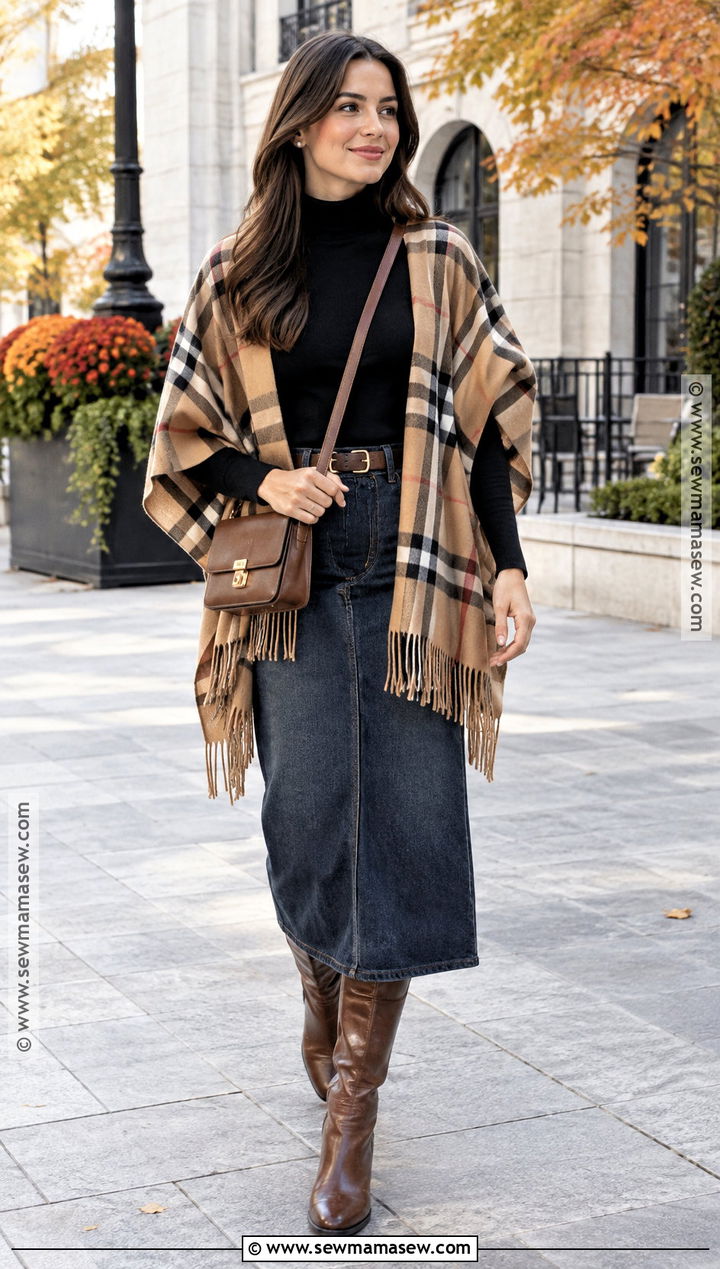 Long Jean Skirt With Poncho And Riding Boots - 25 long jean skirt outfits fall