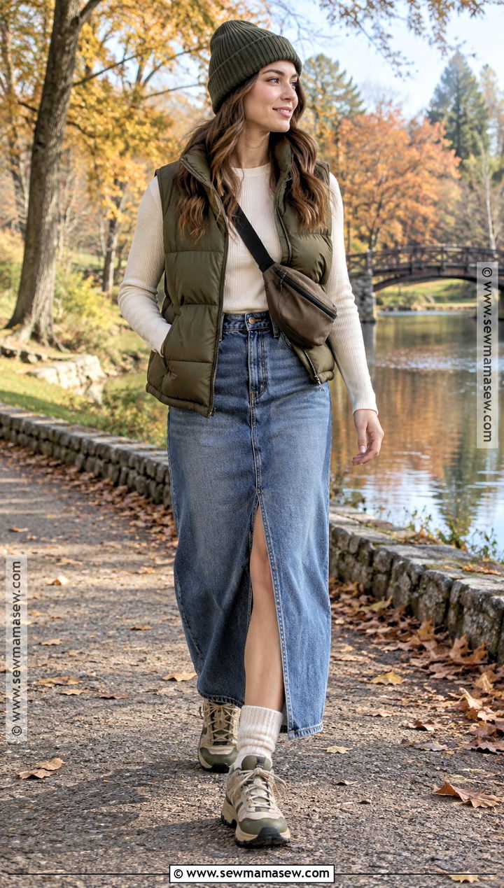 Long Jean Skirt With Puffer Vest And Hiking Sneakers - 20 Long Jean Skirt Fall Outfits