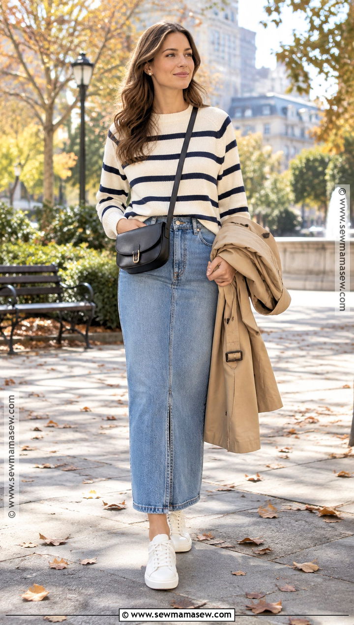 Long Jean Skirt With Striped Sweater And Sneakers - 25 long jean skirt outfits fall