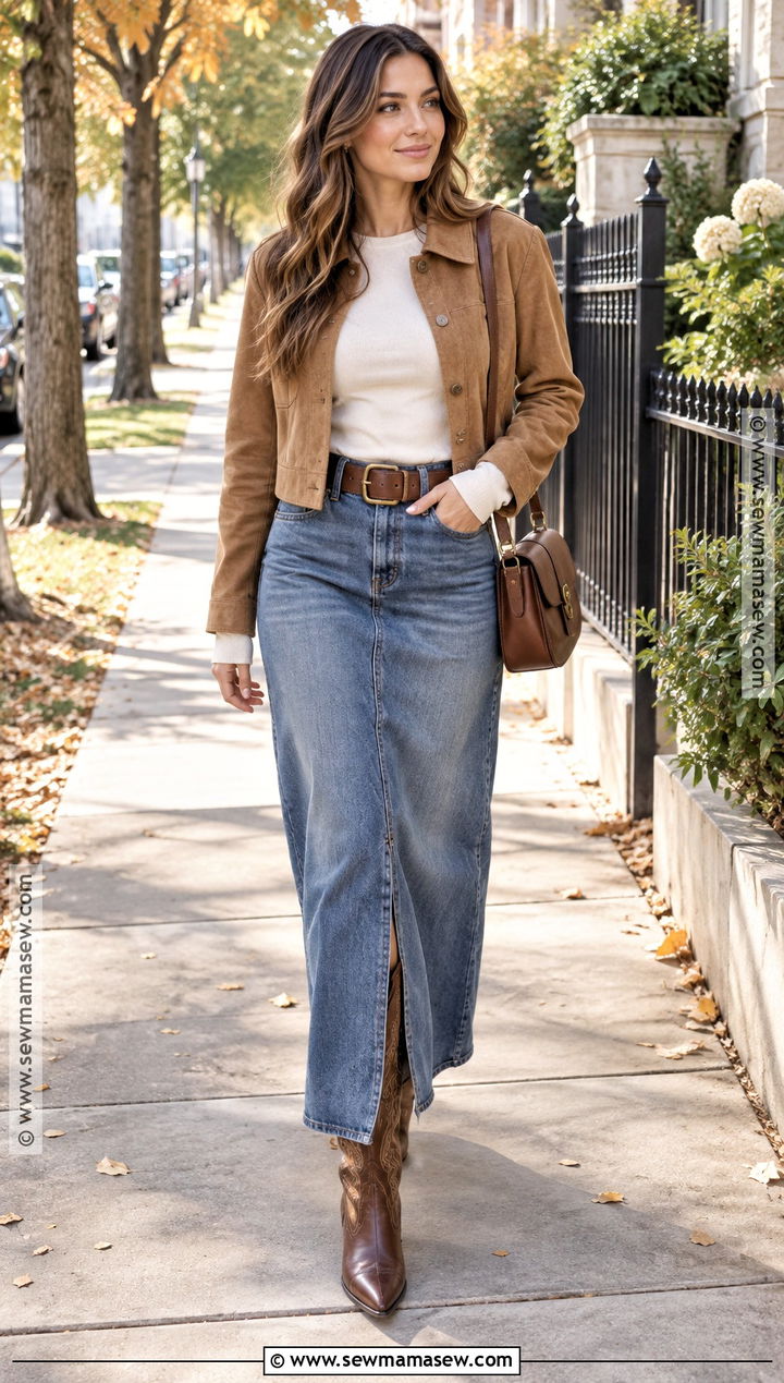 Long Jean Skirt With Suede Jacket And Western Boots - 20 long jean skirt outfits fall 2026