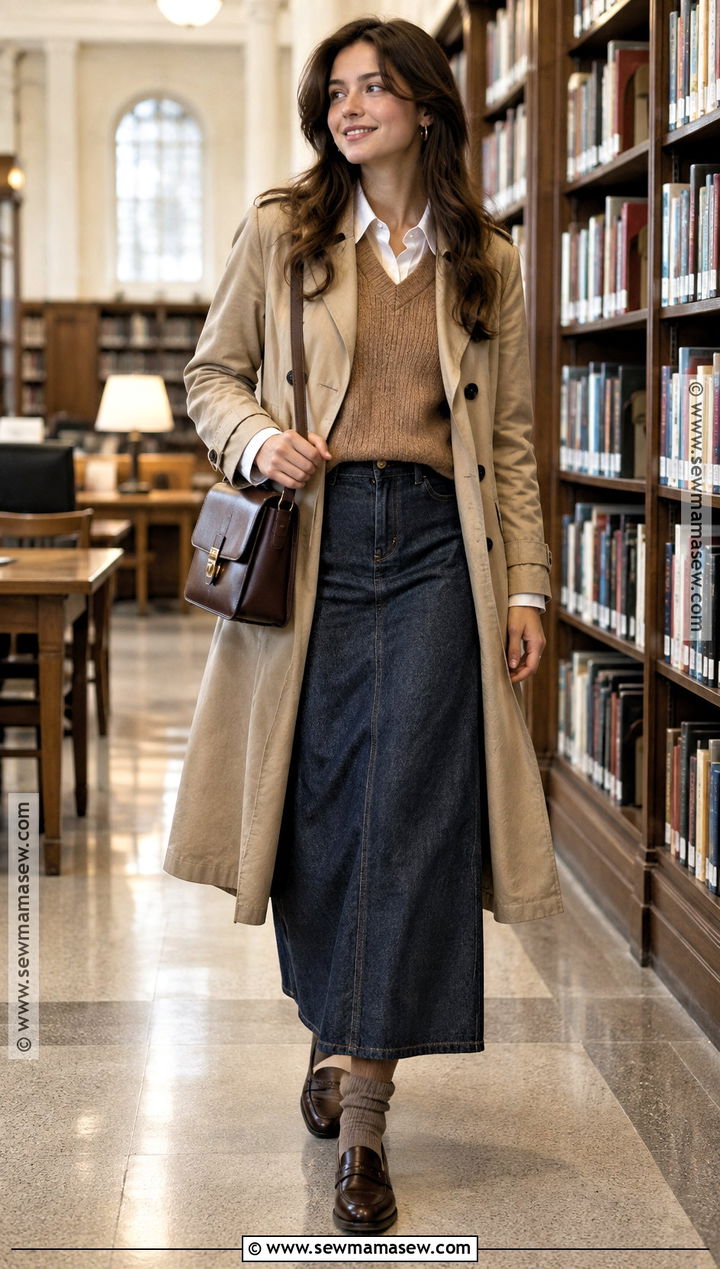 Long Jean Skirt With Sweater Vest And Oxford Shirt - 25 long jean skirt outfits fall