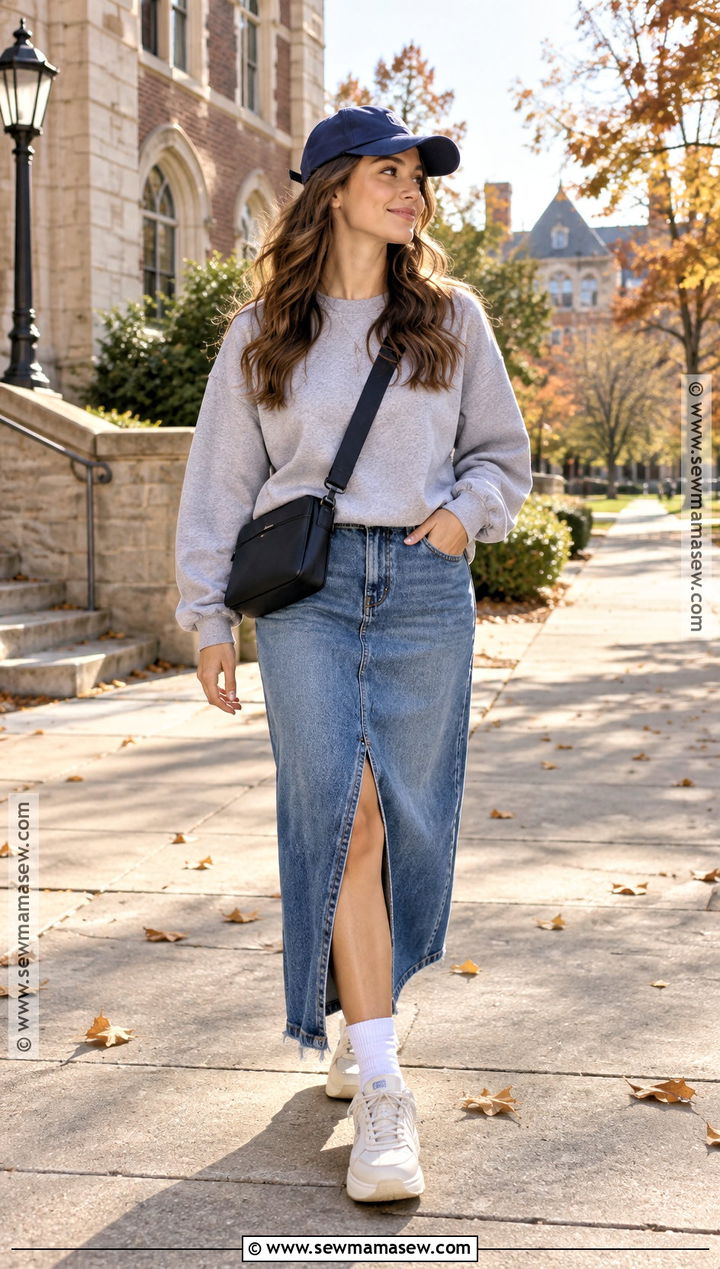 Long Jean Skirt With Sweatshirt And Retro Sneakers - 25 long jean skirt outfits fall